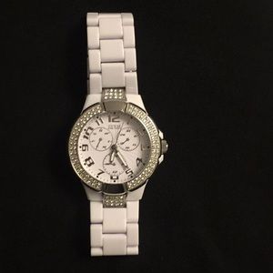 Guess? Watch with white link strap and rhinestones